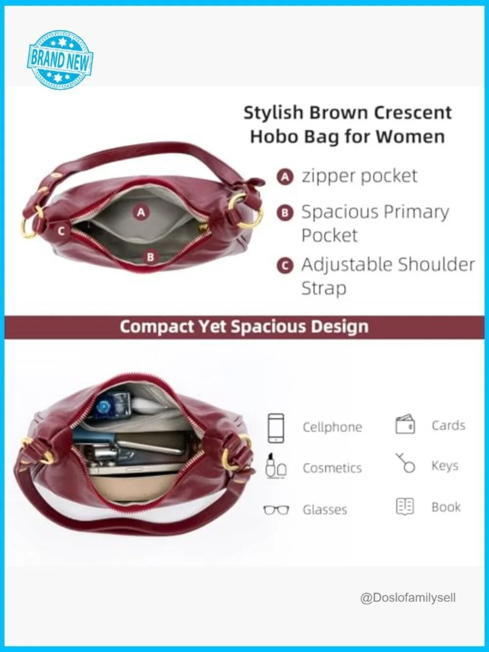 Small Hobo Bag Crescent Shaped Retro Tote Mini Crossbody Purse with Zipper